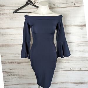 Missguided Off the Shoulder Flare Sleeve Navy Blue Midi Dress Sz 2